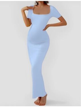 Elegant Maternity Square-Neck Light Blue Maxi Dress